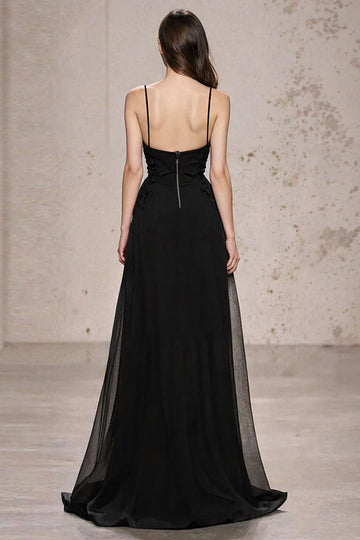 A Line Spaghetti Straps Black Tie Dress with Slit